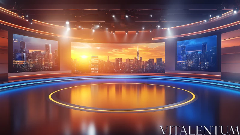 Warm city skyline studio glowing with evening light.