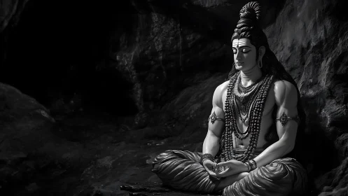 Monochrome meditative deity statue with high-contrast cave lighting