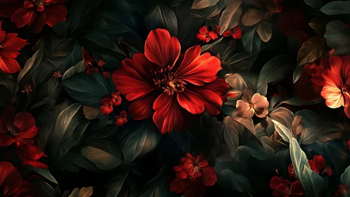Red flowers with dark foliage botanical digital artwork.