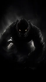 Shadowy monster emerges with glowing eyes in eerie dark mist.