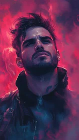 Intense digital portrait of man in neon smoke glow.