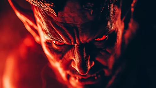 Infernal demonic visage under high-contrast volumetric lighting.