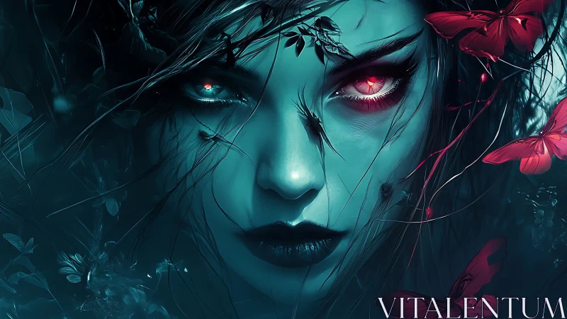 Mythic cyan sorceress portrait with glowing red eyes.