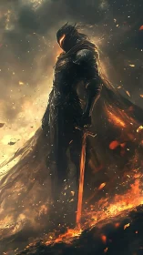 Volcanic dusk knight with incandescent sword and emberstorm.