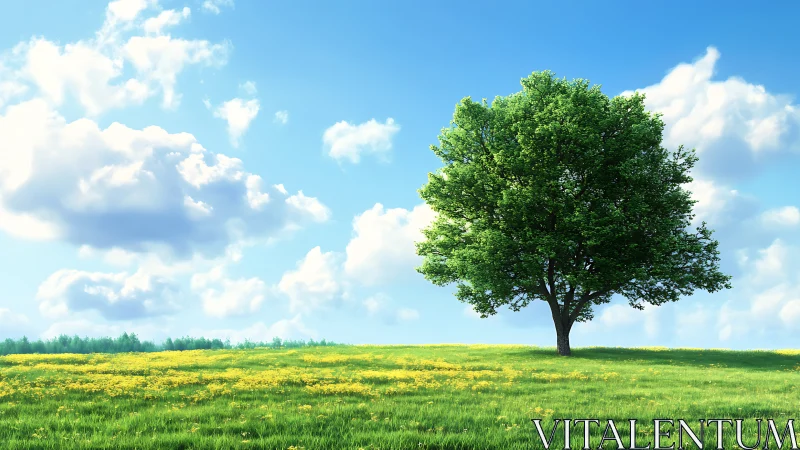 Solitary green tree beneath luminous springtime sky.