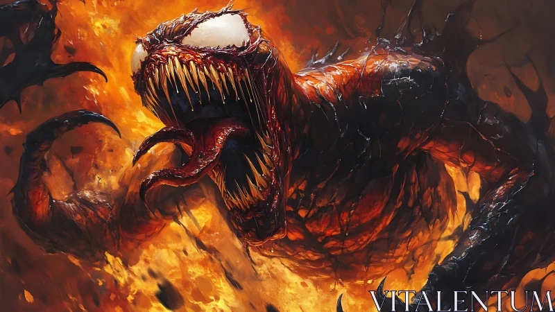 Pyroclastic symbiote entity amid eruptive combustion field.