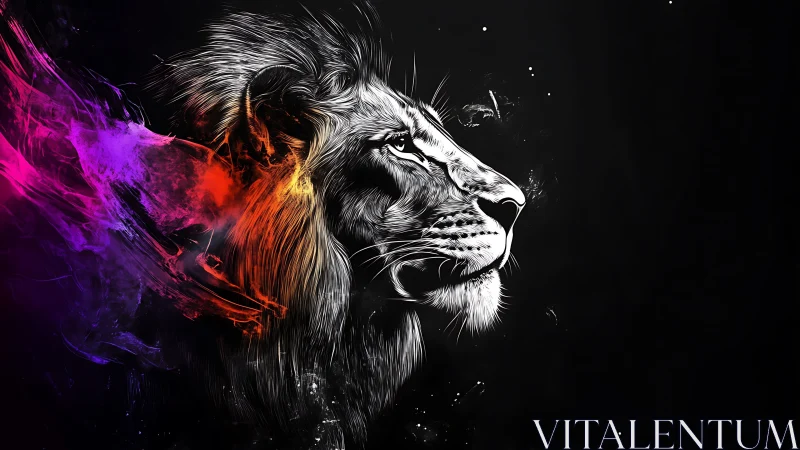 Radiant lion profile glowing with colorful cosmic energy.