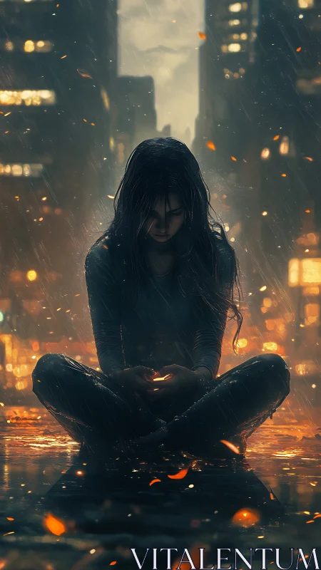 Solitary figure seated in wet urban street at night.