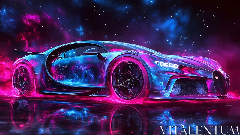 Neon hypercar slices through cosmic nebula nightscape