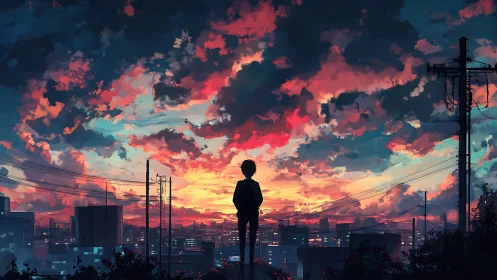 Silhouetted figure over cityscape beneath dense sunset sky.