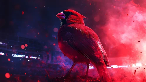 Red cardinal on stadium field amid dense red smoke plume.