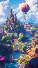 Vertical fantasy river cityscape shows castle and hot air balloon