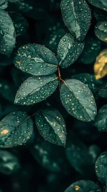 Gentle raindrops resting on deep green garden leaves.