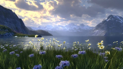 Wildflower shoreline meets tranquil alpine lake at sunrise.
