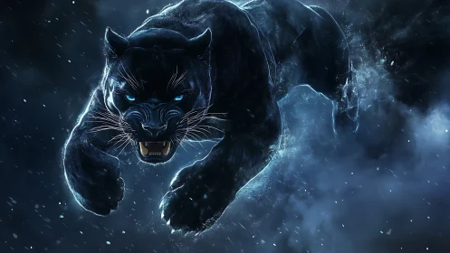 Black Panther with Glowing Eyes in Icy Storm.