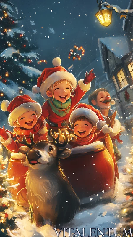 Children celebrate joyful sleigh ride through snowy village