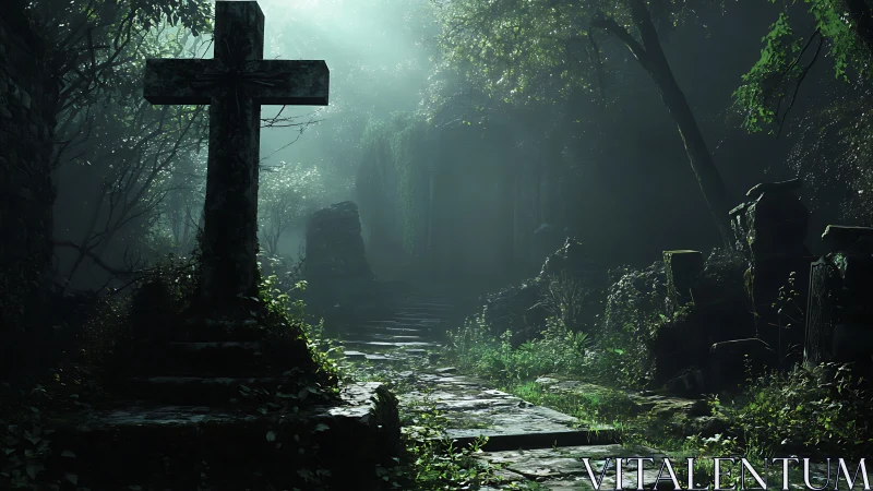 Quiet forest graveyard path touched by gentle morning light.