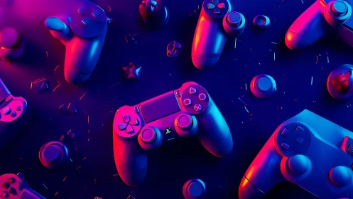 Neon game controllers glow against a vivid cyber gaming backdrop