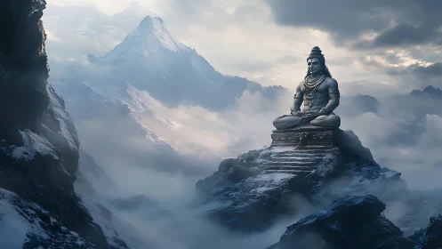 Meditating mountain deity statue above drifting storm clouds.