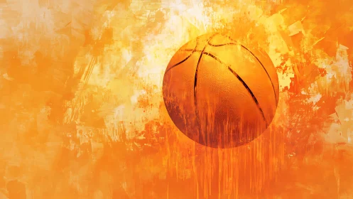 Glowing basketball floats in fiery orange abstract haze
