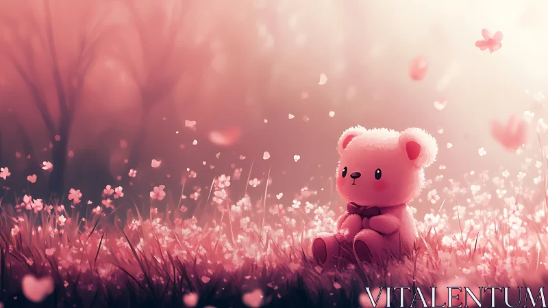 Soft pink teddy bear rests in sunlit floral meadow