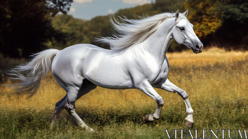High-speed equine locomotion in sunlit pastoral landscape.