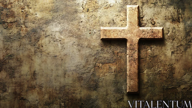 Weathered stone cross against quietly glowing altar wall.