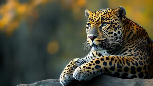 Leopard resting on log with soft blurred forest background.