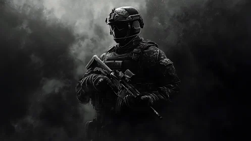 Tactical soldier with rifle in dark smoke filled scene.