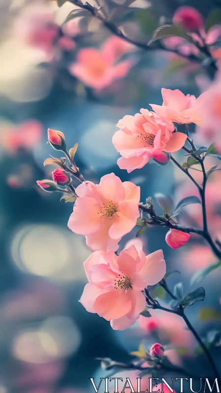 Soft-focus pink roses with bokeh depth gradient on botanical branches.