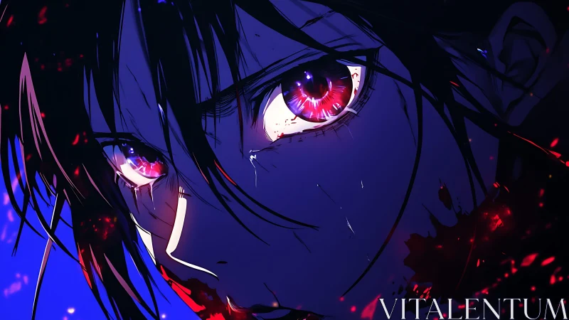 Close anime face shows glowing red eyes and blood splatter