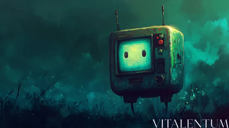 Lonely robot TV floats over glowing teal field at dusk.