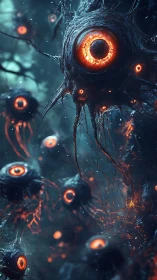 Glowing alien eye creatures drift in dark ethereal space.
