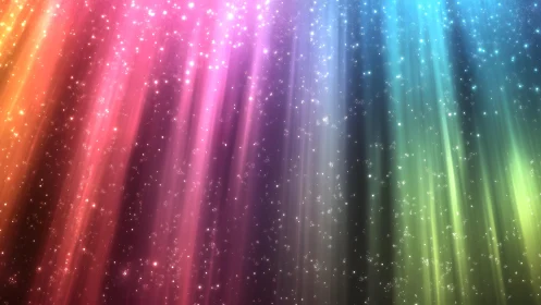 Radiant multicolored light beams with sparkling particles background.