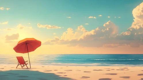 Digital painting of tranquil sunrise beach with umbrella focus.