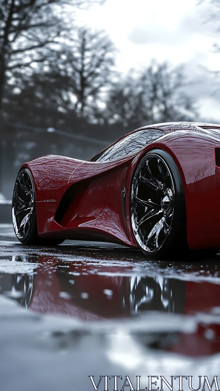 Red supercar reflects on wet winter road surface at dusk.