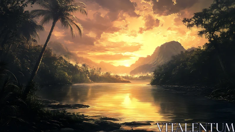 Golden sunset over tropical river and distant mountains.