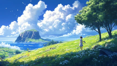 Girl on sunlit hill gazes toward distant sea island horizon.