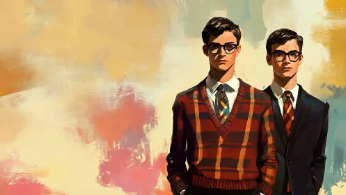 Twin male students in plaid knitwear and suit against abstract field