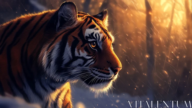 Gentle tiger in glowing winter forest evening light.