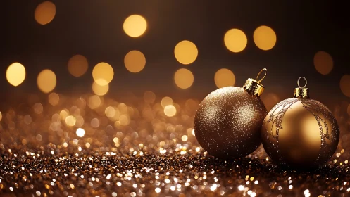 Golden Christmas ornaments glow amid festive bokeh lights.
