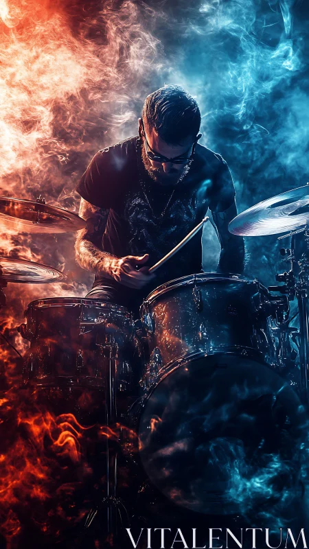Drummer framed by bicolor volumetric smoke and dynamic stage lighting