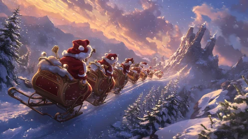 Santa sleigh convoy glides along alpine ridge at golden sunset