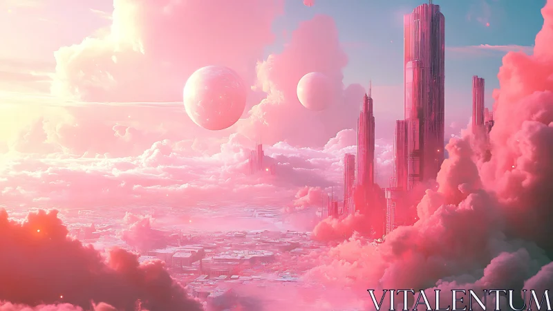 Vertical city structures emerge through dense pink atmospheric clouds