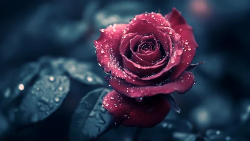 Deep Red Rose with Water Droplets Against Dark Background.