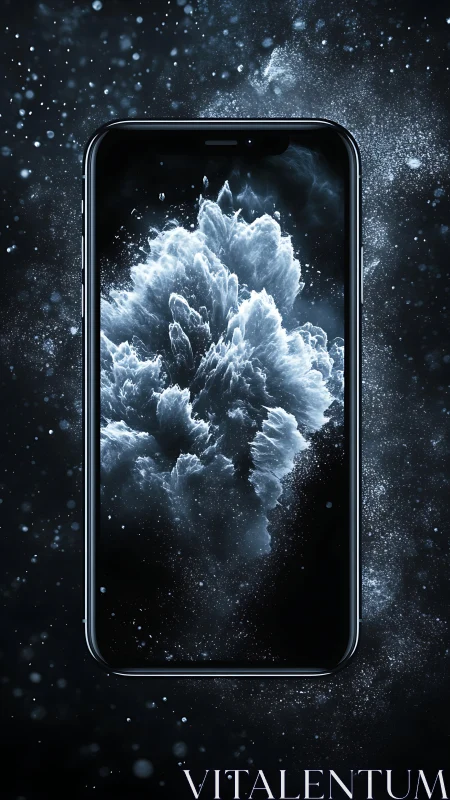 Futuristic smartphone floats in cosmic splash of blue light