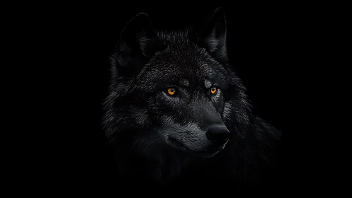Black wolf portrait shows detailed fur and bright amber eyes