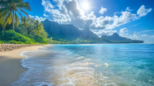 Tropical Coastal Landscape with Mountain Range and Vegetation