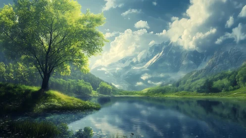 Mountain lake reflects tree, forested slopes, and clouds clearly