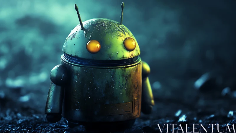 Small wet yellow robot standing in a dark moody scene.